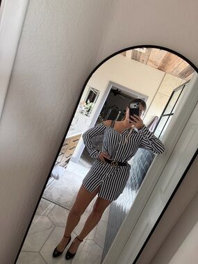 PrettyLittleThing Black and White Striped Asymmetrical Shirt Dress